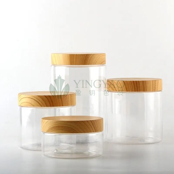 Custom Plastic PET Amber Clear White Frosted Cosmetic Jar With Bamboo Lid Cover